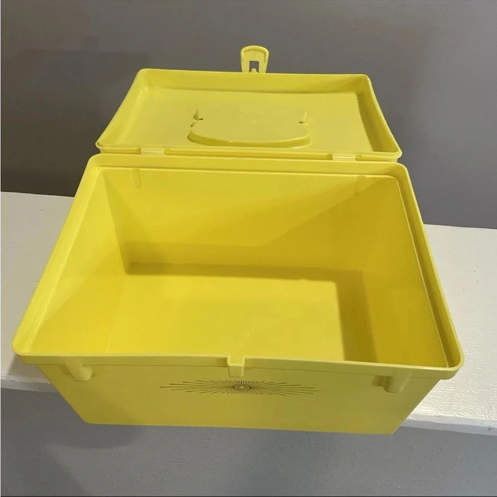 Vintage 1960s Atomic Starburst Yellow Sewing Box MCM Craft Storage Retro Decor